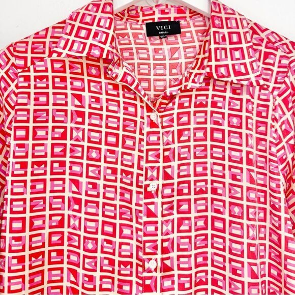 VICI Brenleigh Pink Red Geometric Print Poly Satin Button Down Tunic Mini Dress - Picture 8 of 16